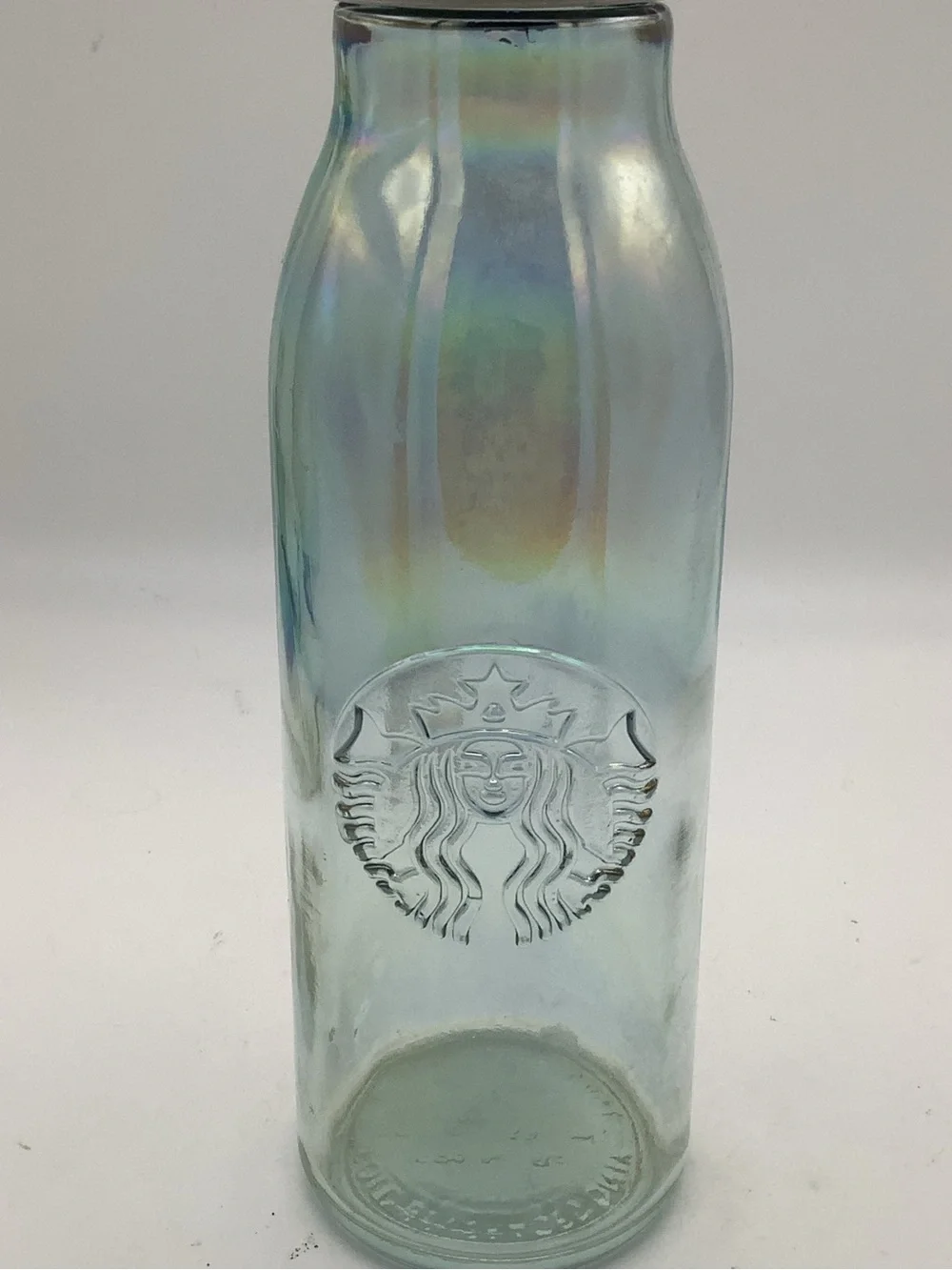 Starbucks Iridescent Glass Water Bottle with Embossed Siren Logo & Stainless Cap